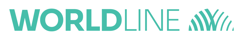 Logotipo "WORLDLINE" en letras turquesas, acompañado de un diseño de líneas curvas que evocan modernidad y tecnología. Ideal para representaciones globales.