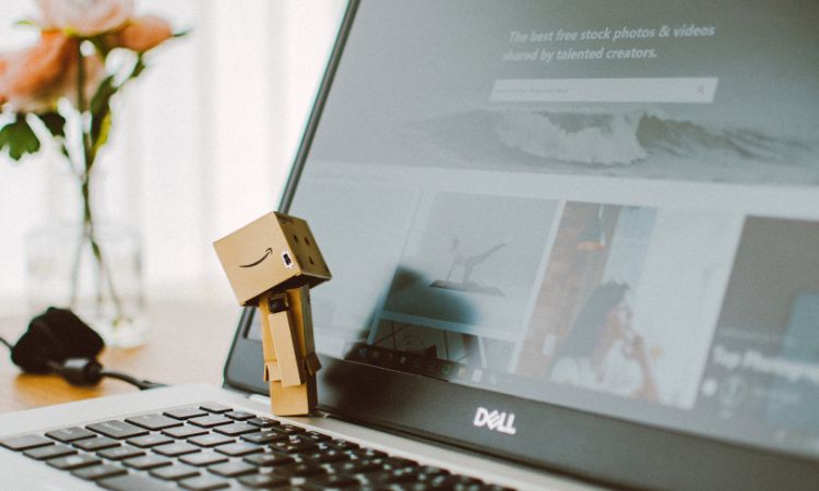 Figura de cartón sonriente observando pantalla de portátil Dell en un escritorio, con fondo de flores. Pantalla muestra sitio web de imágenes.