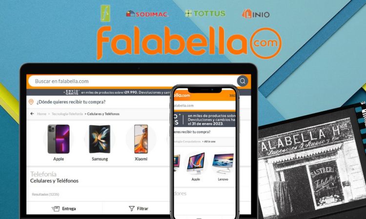 Tableta y móvil muestran productos electrónicos en la web de Falabella.com; entorno digital moderno y logos de Sodimac, Tottus, Linio. Texto visible en tienda física antigua.