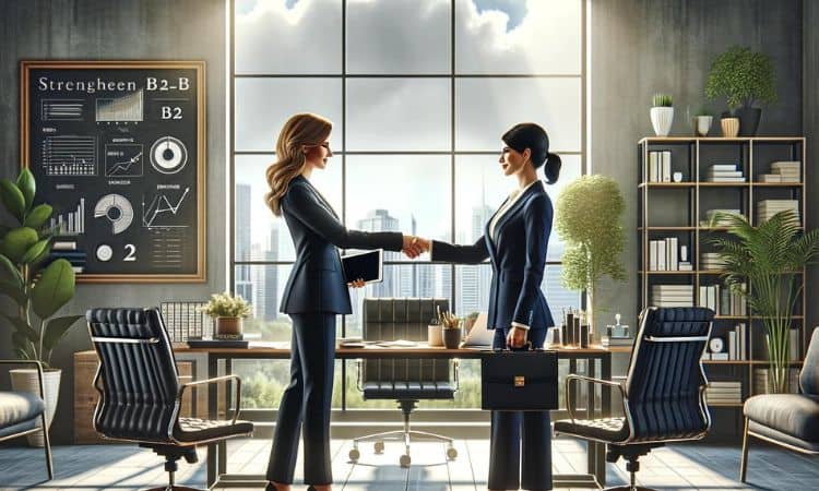 Two people shaking hands in a business environment