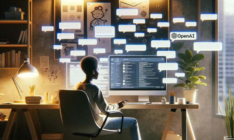 Image showing a black girl sitting at her desk in her room working in front of her computer, on which she is using ChatGPT. Floating around her are blocks of text messages, representing the conversation with the chatbot.