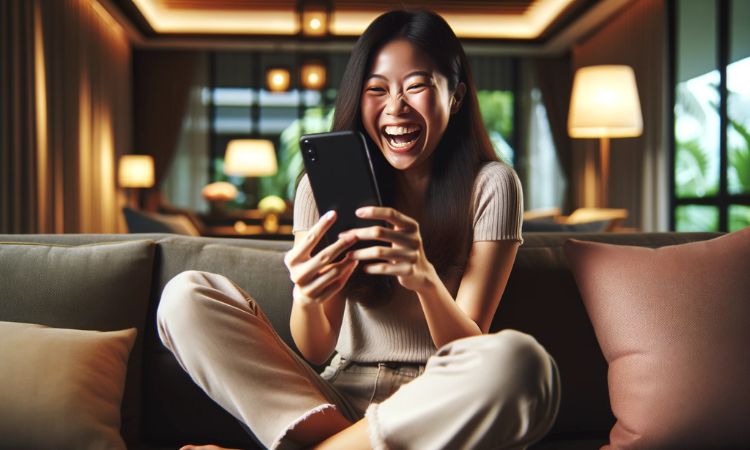 Persona sentada en un sofá, sonriendo mientras mira un teléfono. Ambiente acogedor con luz cálida. Palabras clave: felicidad, tecnología, hogar.
