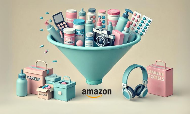 Embudo de marketing lleno de productos como cosméticos y electrónicos, succionando artículos hacia el logotipo de Amazon. Auriculares y cajas al lado.