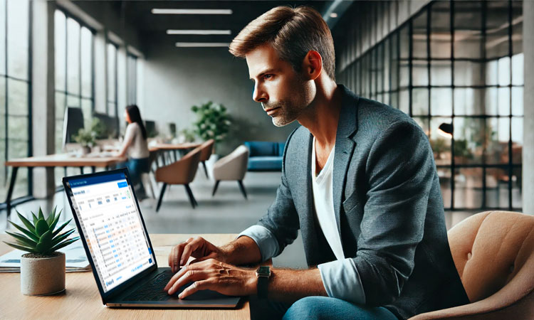 Hombre trabajando en un portátil en una oficina moderna y luminosa; plantas y mesas en el fondo. Ideal para marketing digital y productividad.