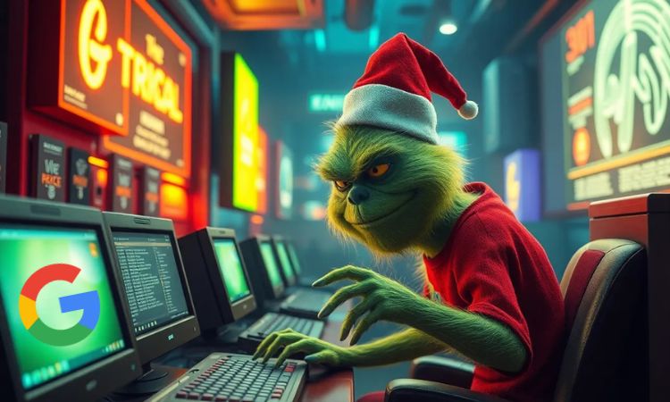 core update de diciembre. grinch robando ordenadores en un escenario virtual cyberpunk que recuerda a internet y al ecommerce