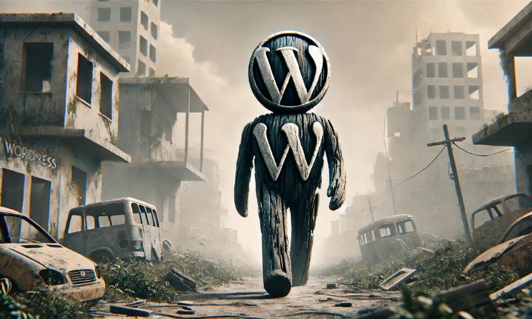 Imagen generada con IA en la que se puede ver el logo de Wordpress personificado caminando por una ciudad postapocalíptica haciendo referencia a las recientes tensiones en la comunidad