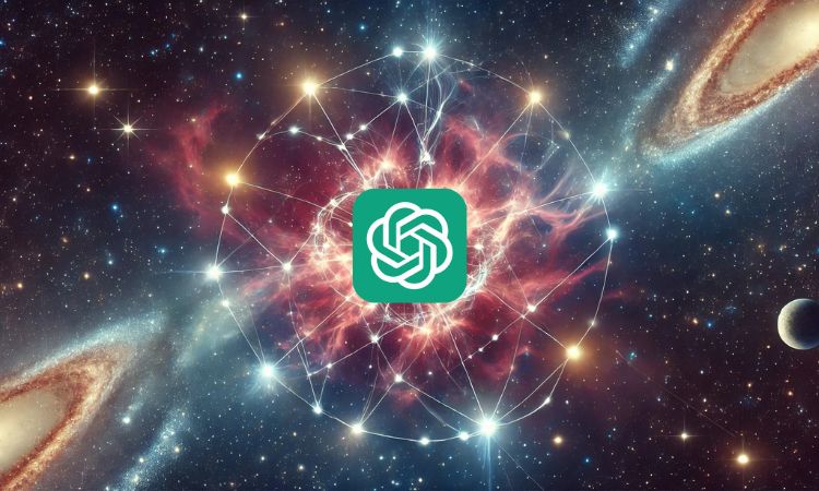 Logotipo verde metálico flota sobre red de luces en un espacio cósmico estrellado, evocando conexiones universales y tecnología avanzada.
