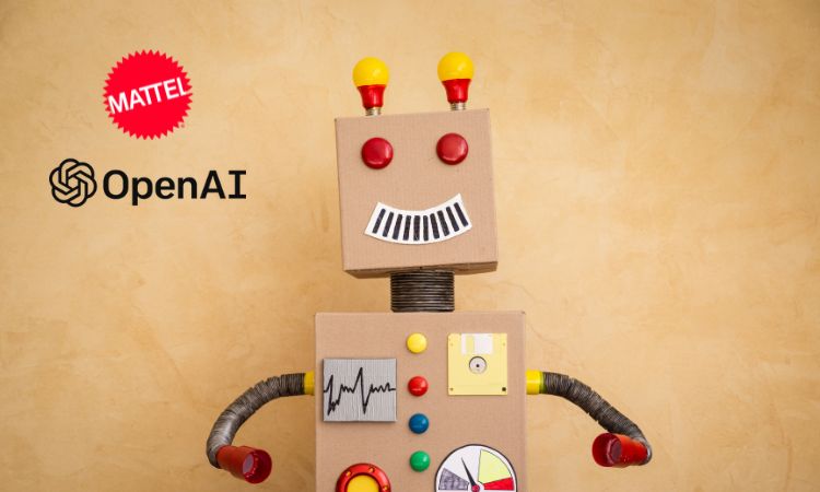 a fancy robot with mattel and openai logos