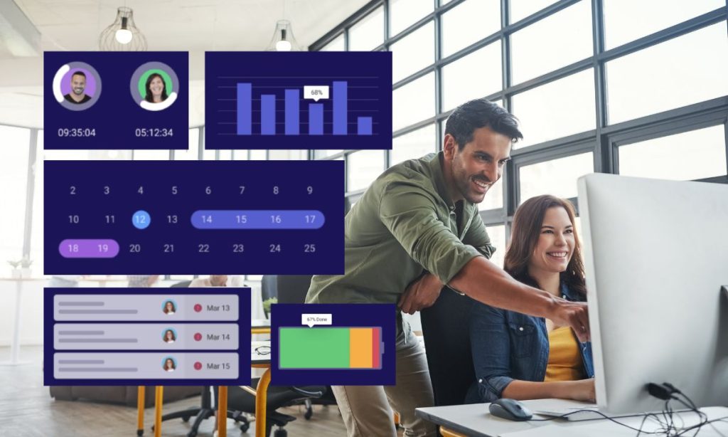 Two people working together on a computer, with charts and calendars visible on the screen. Visual elements such as progress bars, work timelines, and dates stand out, appearing to relate to task and project management. The scene suggests a collaborative work environment, where digital tools like calendars and performance graphs help organize tasks efficiently.