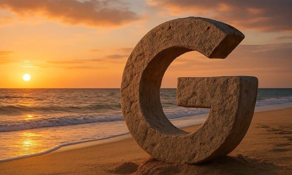 A Google G logo, looking like it's made of stone, in the middle of a beach at sunset