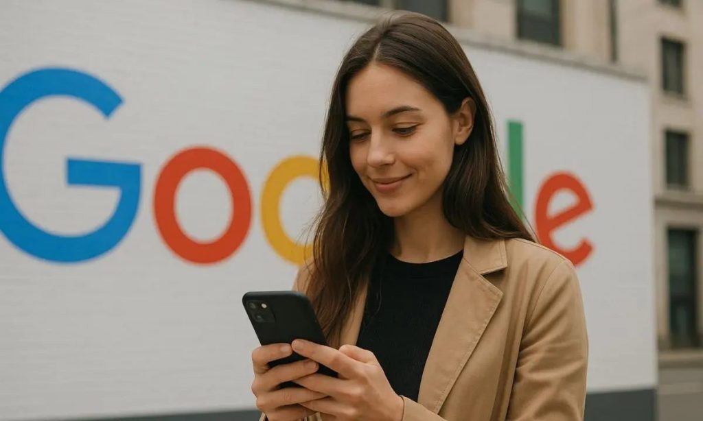 A woman using a mobile phone on the street. In the background, there is a giant billboard with the Google logo.