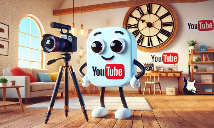 The YouTube logo with limbs and cute bulging eyes is in the living room recording itself with a video camera held by a tripod. On the background wall of the living room, there is a giant clock. The scene is bright, lively, and adorable