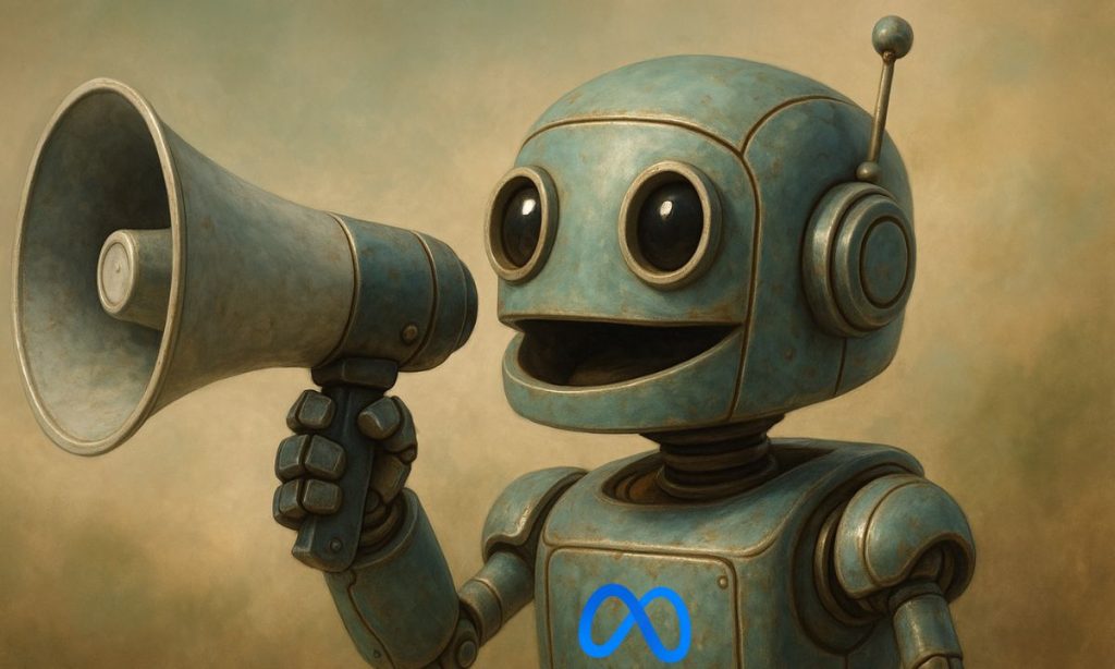 Image of a robot speaking through a megaphone. On the robot’s chest, you can see the Meta logo, the company that just acquired the audio AI startup Play AI.