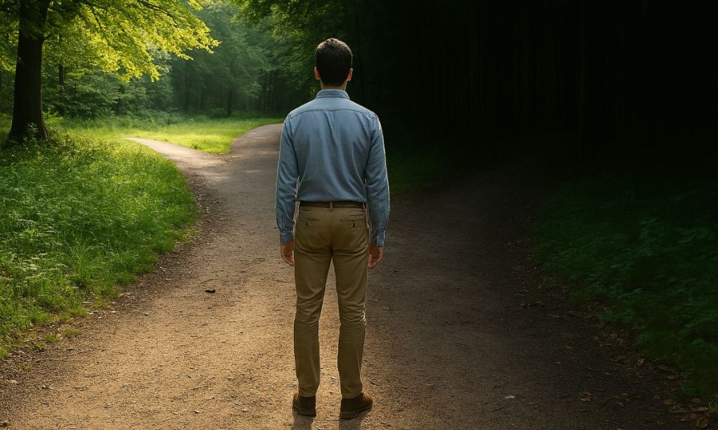 The image shows a person standing with his back turned at a fork in a path in the middle of a forest. To his left, the path is bright and surrounded by light green vegetation, while to his right, the path enters a dark and shady area covered by dense trees. The person seems undecided, looking at both paths before deciding which one to take.