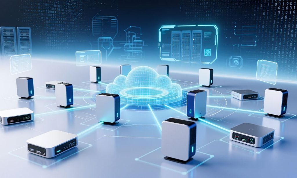 Illustration showing several devices or servers connecting through a beam of light with a virtual cloud