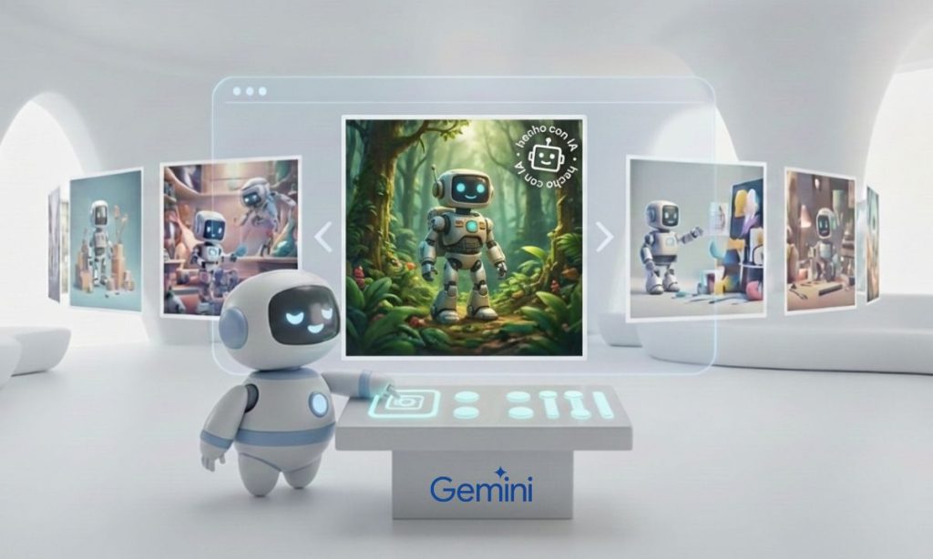 An image showing a friendly little robot in a large, tidy white room. The little robot is looking at a large holographic screen displaying a carousel of images. The central image, appearing in the foreground, is marked in its upper right corner with a seal. The seal features a square robot head in the center, surrounded by the phrase 'made with AI'. 3D style.