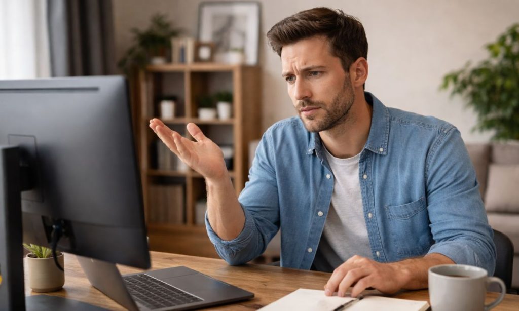 A man working in his home office in front of his computer, looking confused, in a scene that reflects digital doubts or problems.