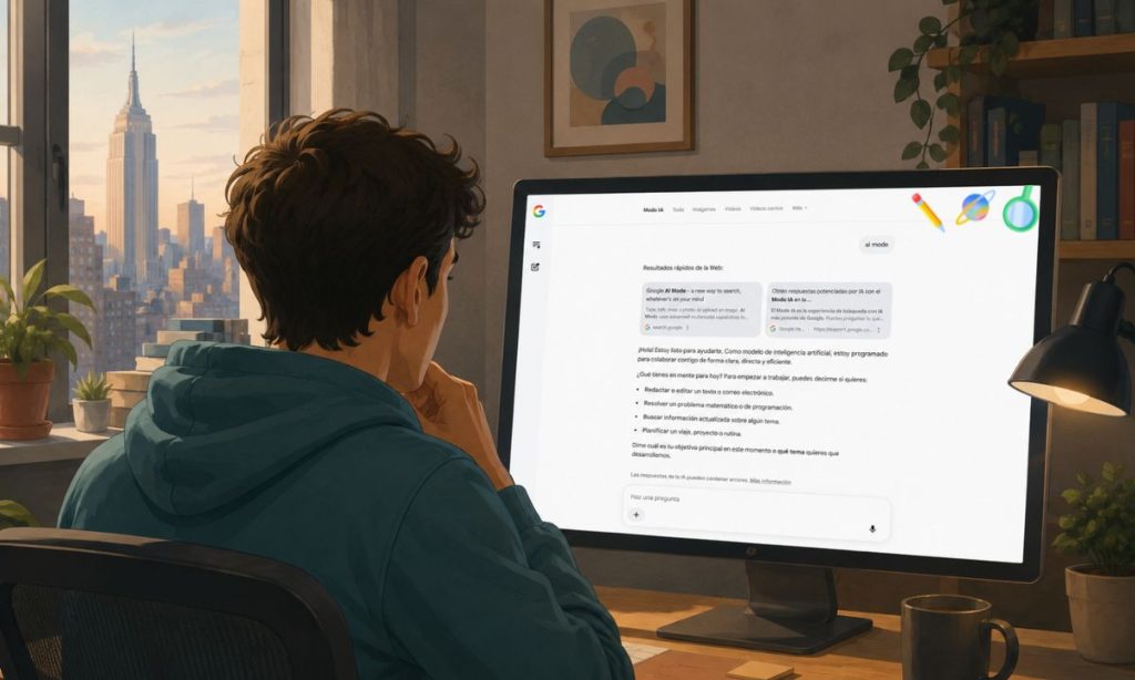 A horizontal editorial illustration of a person seen from behind, working in front of a large computer monitor. The screen displays an interface inspired by Google AI Mode. The scene takes place in a warm, modern room with soft lighting, plants, and decorative elements. To the left, a large window offers a view of the New York skyline with the Empire State Building in the background. The image uses a palette of petrol blue, beige, coral, and mustard tones, with a premium magazine-style aesthetic.