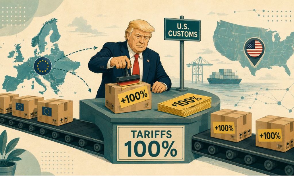 Image generated with ChatGPT illustrating the idea of ​​Trump's threat to impose 100% tariffs.