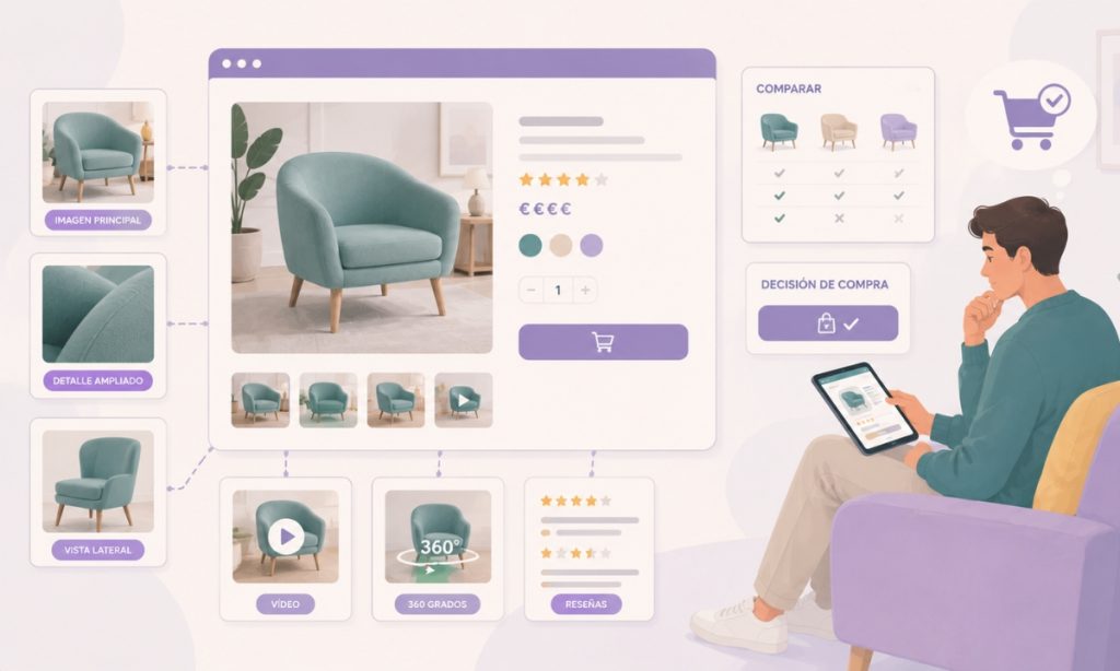 User compares an armchair on an e-commerce product page featuring a main image, close-up details, side view, video, 360-degree view, reviews and different purchase options.