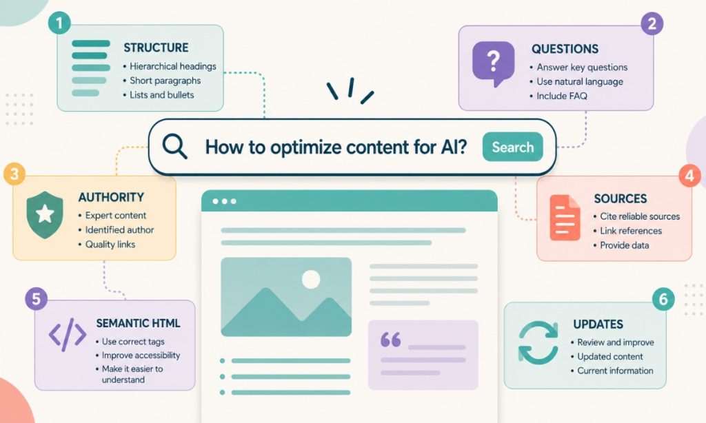 Infographic explaining six ways to optimize content for AI: structure, questions, authority, sources, semantic HTML and regular updates.
