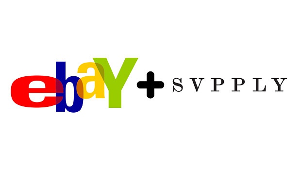 Logos coloridos de "ebay" y "SVPPLY" conectados por un signo más, sobre fondo blanco. Texto refleja colaboración estratégica y branding.