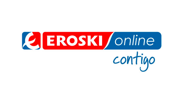 Logotipo de EROSKI en rojo y azul, con texto "online contigo". Diseño moderno, enfocado en comercio electrónico y cercanía al cliente.