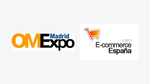 Dos logotipos de eventos: "OMExpo Madrid" en negro y naranja, y "E-commerce Expo España" con un carrito de compras. Ideal para marketing digital.