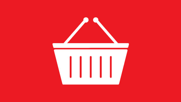 Cesta blanca en un fondo rojo liso, simbolizando compras y comercio electrónico.