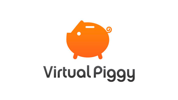 Cerdito naranja, estático, centrado sobre un fondo blanco. Texto debajo: "Virtual Piggy". Perfecto para estrategias de marketing digital y finanzas.