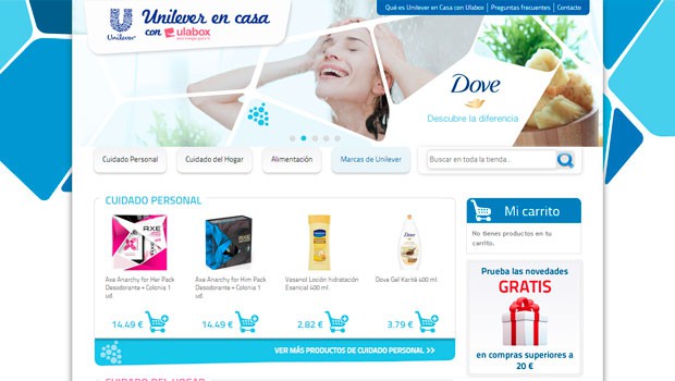 Página web promocional de Unilever mostrando productos de cuidado personal como desodorantes y gel, con carrito de compra y ofertas destacadas.