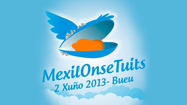 Concha azul alada abierta mostrando un mejillón naranja, rodeada de texto: "MexilOnseTuits 2 Xuño 2013 - Bueu". Fondo azul con nubes.