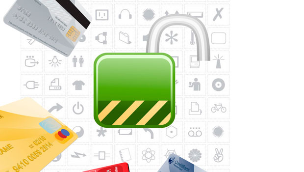 Candado verde con candado abierto, rodeado de tarjetas de crédito. Fondo con iconos grises. Seguridad financiera, protección de datos.