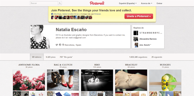 Perfil de Pinterest mostrando la sección superior con publicidad para unirse, seguido de información sobre una diseñadora gráfica de Barcelona y sus tableros creativos.