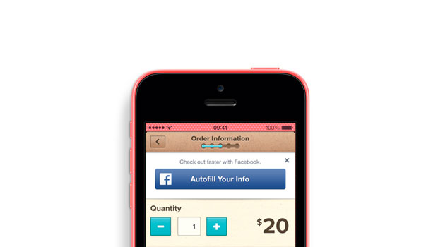 Teléfono muestra pantalla de compra en línea. Botón ofrece autocompletar datos con Facebook. Opciones de cantidad y precio, $20. Compra rápida y fácil.