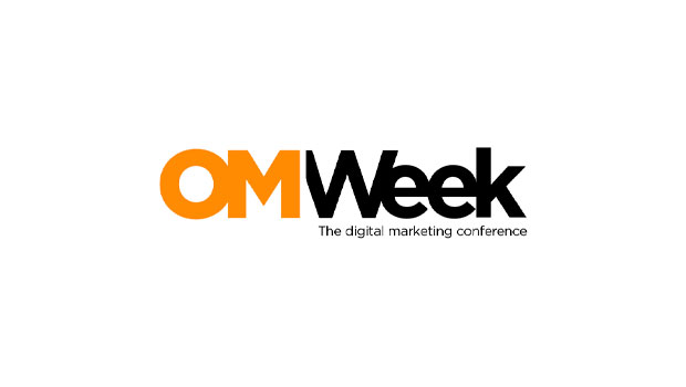 Logo: Texto "OMWeek" en colores naranja y negro, con subtítulo "The digital marketing conference"; fondo blanco. Marketing digital destacado.