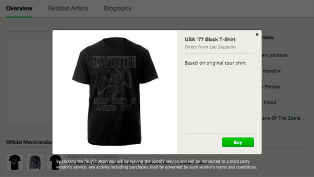 Camiseta negra con texto "Led Zeppelin" y "United States of America 1977". Opción de compra resaltada en verde en un contexto de venta online.