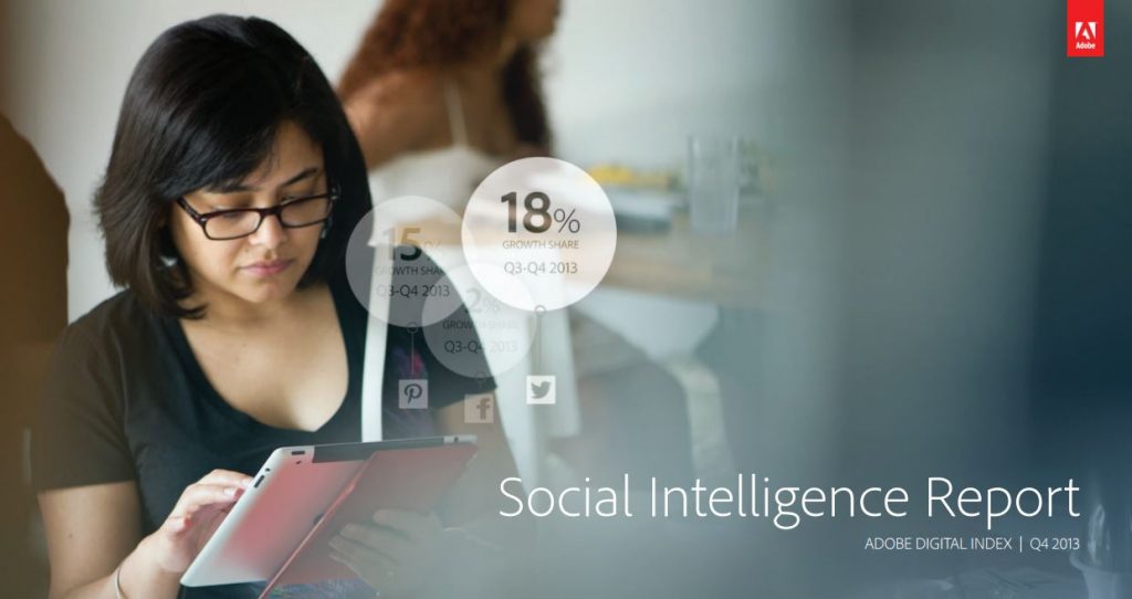 Una mujer usando una tablet en un café; superpuesto, texto "Social Intelligence Report", y datos de crecimiento en redes sociales. Marketing digital.