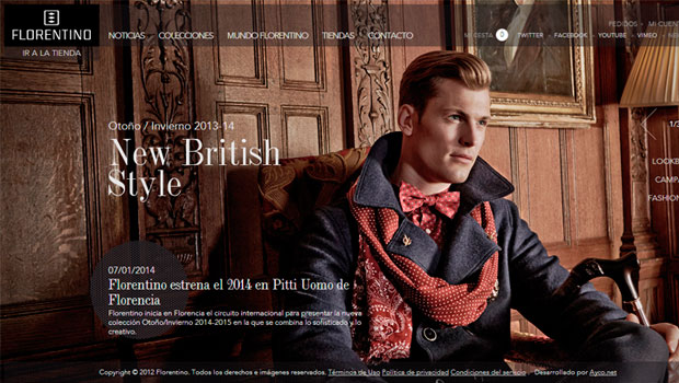 Hombre elegante viste abrigo y bufanda en una habitación clásica. Texto: "Otoño/Invierno 2013-14 New British Style." Artículos de moda destacados.