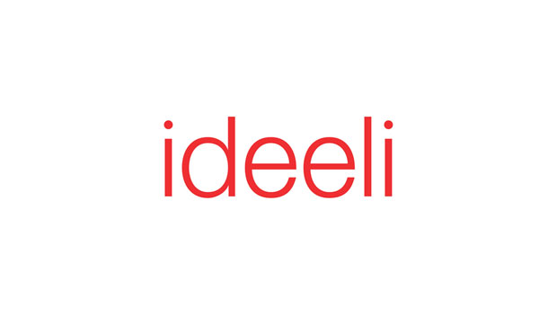 Logotipo "ideeli" en letras rojas, centrado sobre fondo blanco. Diseño limpio y minimalista, evocando innovación y estilo en el comercio online.