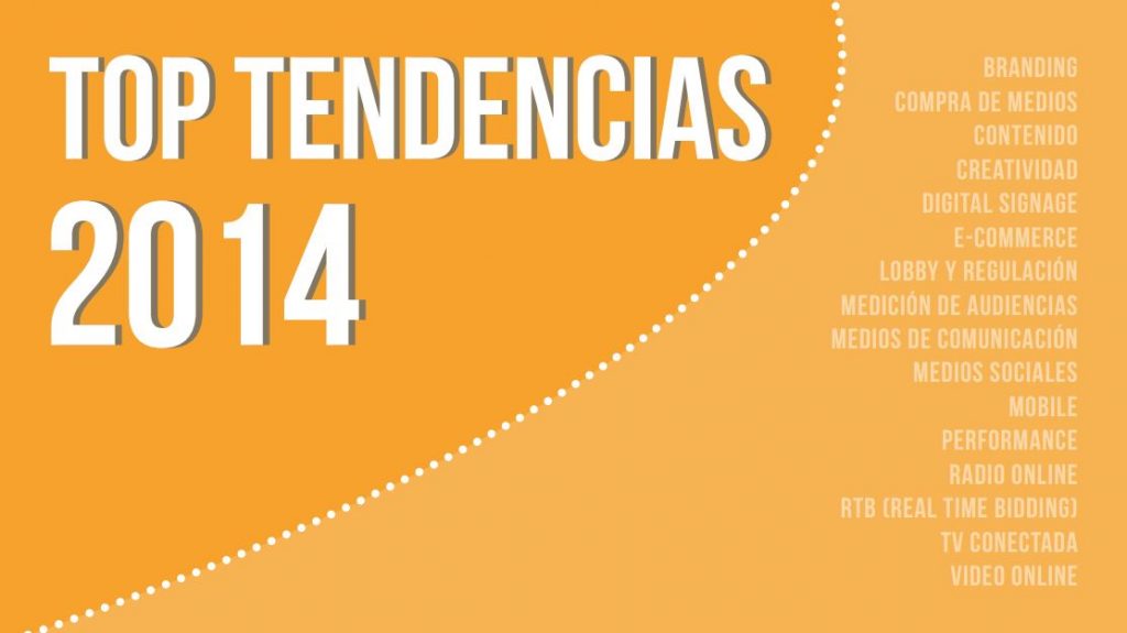 Texto blanco "TOP TENDENCIAS 2014" destaca en fondo naranja. A la derecha, lista de tendencias: branding, e-commerce, medios sociales y más.