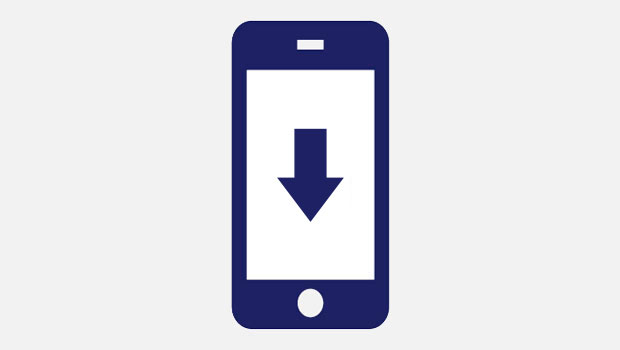 Teléfono móvil azul con flecha descendente en la pantalla. Fondo blanco. Ideal para ilustrar conceptos de descarga de aplicaciones o contenido digital.