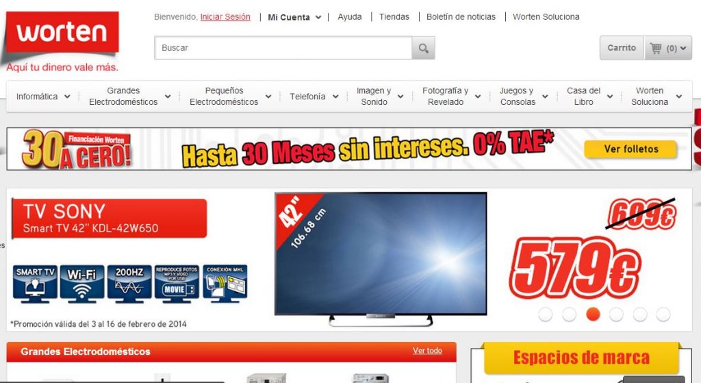 Televisor Sony 42" en oferta, precio rebajado a 579€, sin intereses, en página web de Worten. Promoción válida del 3 al 16 de febrero de 2014.