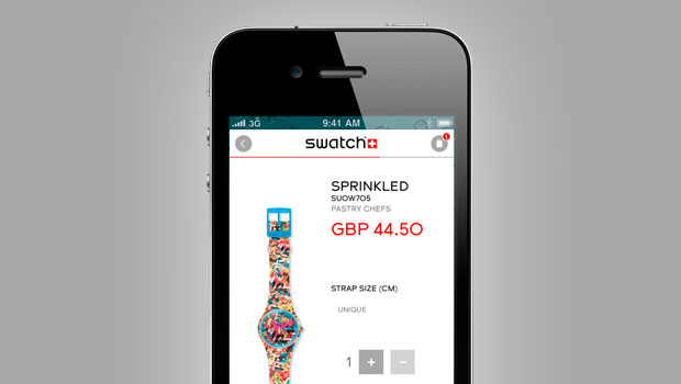 Teléfono muestra un reloj colorido de Swatch con precio "GBP 44.50". Ideal para amantes de la moda y personalización. Texto: "SPRINKLED SUVW105 PASTRY CHEFS".