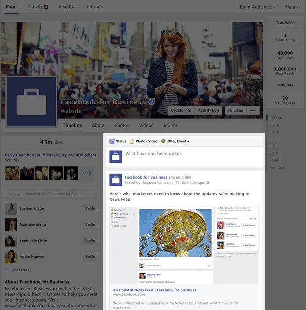 Página de Facebook muestra una publicación de "Facebook for Business" sobre actualizaciones, con estadísticas de marketing y foto de una atracción.