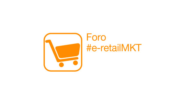 Carro de compras naranja, estático, junto al texto: "Foro #e-retailMKT" en un fondo blanco. Ideal para marketing digital y comercio electrónico.