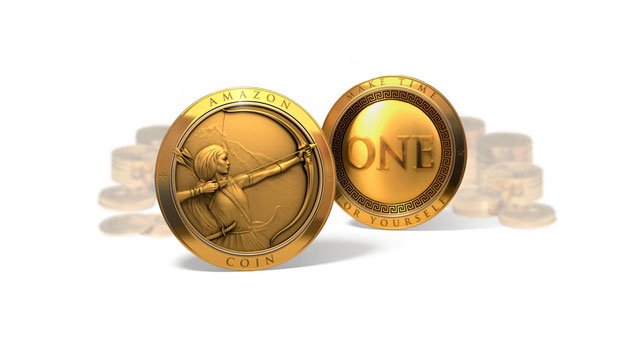 Dos monedas doradas; una muestra una arquera, la otra el texto "AMAZON COIN" y "ONE MAKE THEM PROUD OF YOURSELF"; fondo de monedas apiladas.