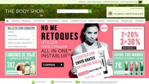 Modelo sosteniendo producto Instablur, The Body Shop. Texto destacado: "NO ME RE-TOQUES, USA ALL-IN-ONE™ INSTABLUR™". Promociones: Envío gratis, 3x2 productos. Ideal para campañas de marketing digital en belleza y cuidado personal.