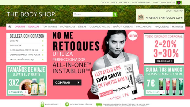 Modelo sosteniendo producto Instablur, The Body Shop. Texto destacado: "NO ME RE-TOQUES, USA ALL-IN-ONE™ INSTABLUR™". Promociones: Envío gratis, 3x2 productos. Ideal para campañas de marketing digital en belleza y cuidado personal.