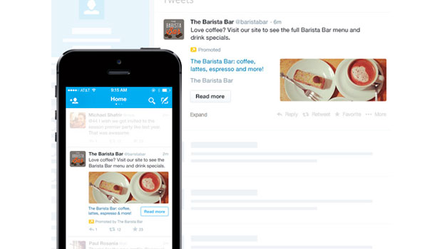 Teléfono muestra tweet promocional de Barista Bar. Texto: "¿Te encanta el café? Visita nuestro sitio para ver el menú completo y las ofertas especiales." Imagen: café y postre.